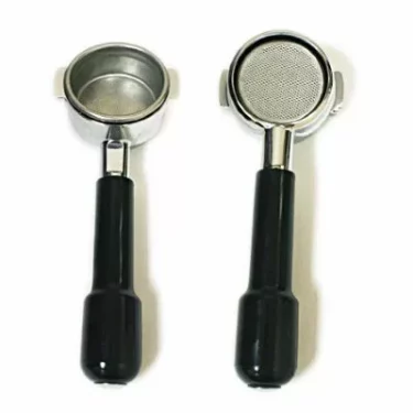 Two metal espresso portafilters with black handles are side by side; one shows the basket for grounds, while the other is a CLEARANCE! La Marzocco 50894 Bottomless/Naked Portafilter - 58mm, revealing its mesh filter bottom. © 2025 1st-line.com