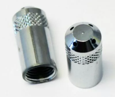 Two Rancilio 23119028 Steam Wand Tips (4-hole, for Rancilio commercial models) are shown on a white surface: one upright and one on its side showing the threaded interior, both with knurled grips and shiny metallic finish. © 2025 1st-line.com