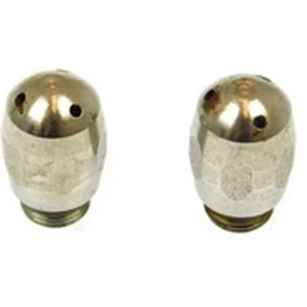 Two small, metallic, oval steam wand tips with threaded bases and 3 holes on top are shown side by side against a white background. Product: DISCONTINUED - Ascaso Steam Wand Tip - 3 hole. © 2025 1st-line.com
