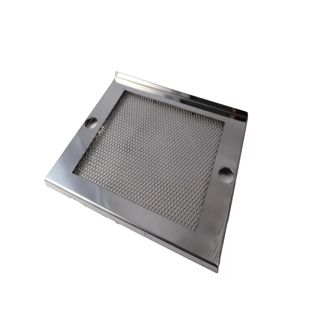 USED - Isomac Venus Drip Tray Cover No. 3, a rectangular metal mesh filter with a shiny frame and two circular indentations, is displayed on a white background. © 2025 1st-line.com