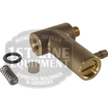 VBM ASSBYPASSNEW Over Pressure Valve Assembly for espresso machines includes spring, gasket, O-ring, and a small cylindrical component. Displayed on white background with 1st-Line Equipment watermark. © 2025 1st-line.com