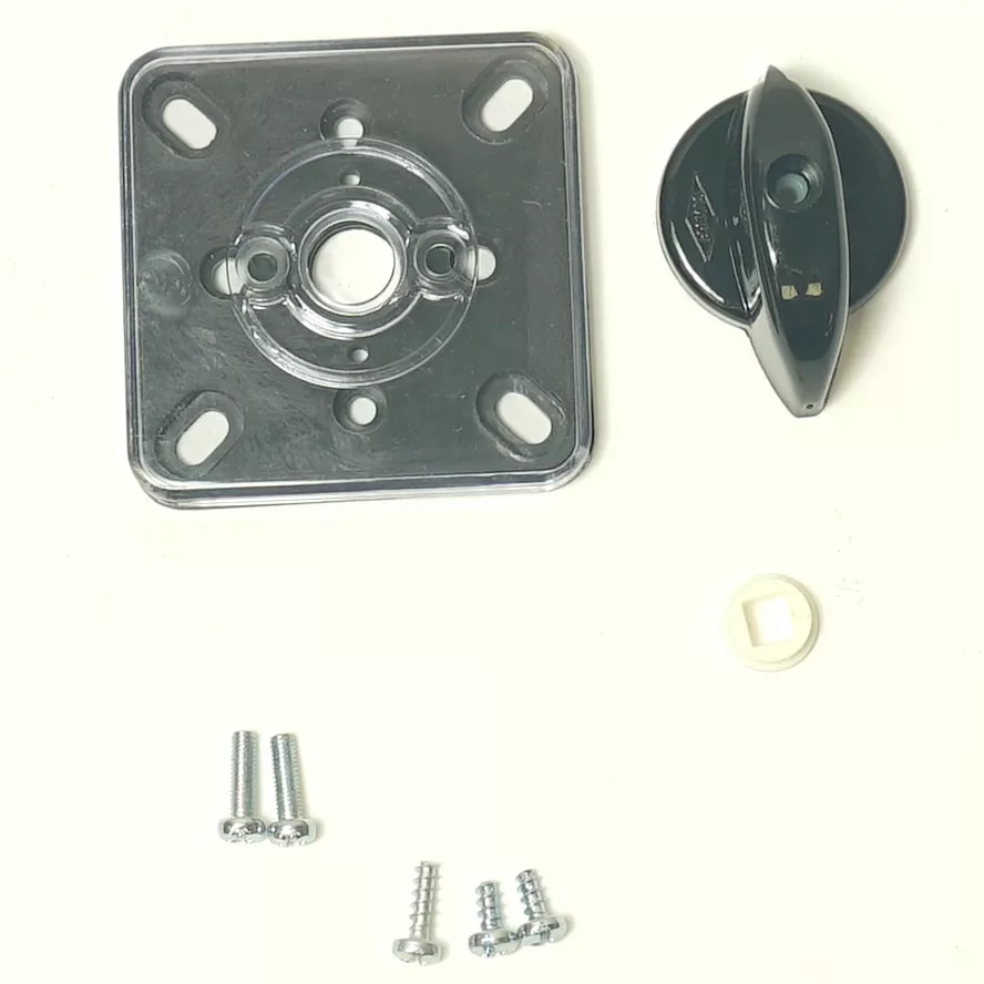 VBM ELETCOM Power Switch-3 Position-LONGER VERSION, featuring a square metal mounting plate, black round knob, four screws, three smaller screws, and a small white plastic piece all displayed on a plain white background. © 2025 1st-line.com