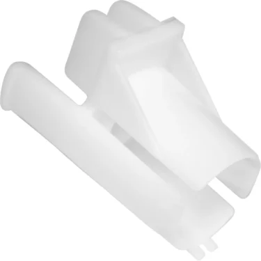White plastic automotive door panel clip, like the SPM 02.NI0009.001 Tap Handle Support for Nina, features a slanted rectangular top and two prongs at the base for securing vehicle door panels. © 2025 1st-line.com