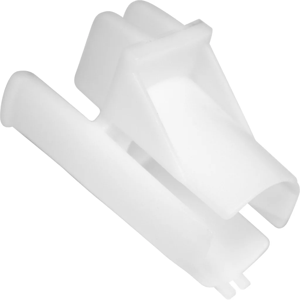White plastic automotive door panel clip, like the SPM 02.NI0009.001 Tap Handle Support for Nina, features a slanted rectangular top and two prongs at the base for securing vehicle door panels. © 2025 1st-line.com