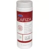 A white container of Urnex Cafiza espresso machine cleaning powder with a red label, showing product info in multiple languages, backflushing instructions, and illustrations of a coffee machine and portafilter. © 2025 1st-line.com