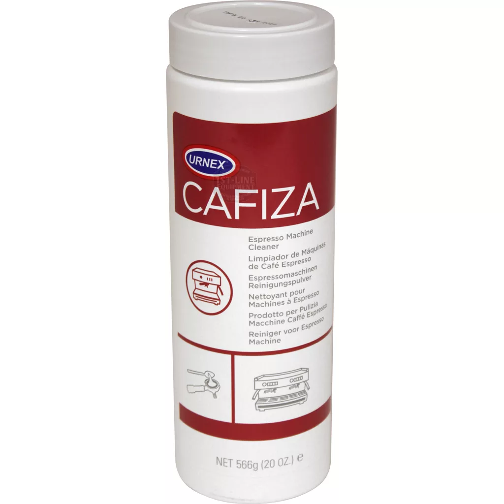 A white container of Urnex Cafiza espresso machine cleaning powder with a red label, showing product info in multiple languages, backflushing instructions, and illustrations of a coffee machine and portafilter. © 2025 1st-line.com