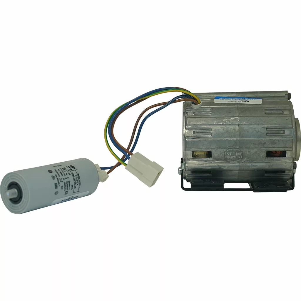 The DISCONTINUED ECM US1016 110V/120W rotary pump motor features colored wires, a white connector, and a cylindrical capacitor, likely for appliances or machinery, displayed against a white background. © 2025 1st-line.com