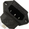 Close-up of a black, rectangular La Nuova Era NE470 Power Cord Panel Plug, a 3-prong male power inlet connector with two mounting holes per side. The labeled connector features the 1st-Line Equipment watermark in the lower left corner. © 2025 1st-line.com