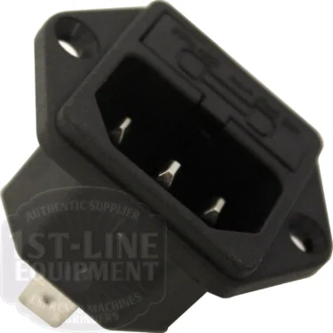 Close-up of a black, rectangular La Nuova Era NE470 Power Cord Panel Plug, a 3-prong male power inlet connector with two mounting holes per side. The labeled connector features the 1st-Line Equipment watermark in the lower left corner. © 2025 1st-line.com