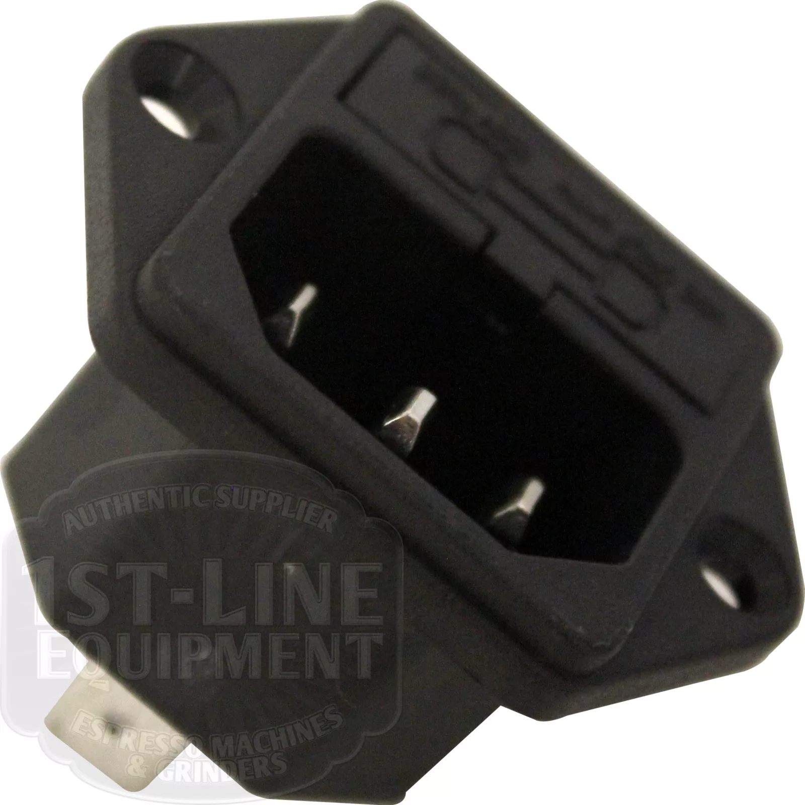 Close-up of a black, rectangular La Nuova Era NE470 Power Cord Panel Plug, a 3-prong male power inlet connector with two mounting holes per side. The labeled connector features the 1st-Line Equipment watermark in the lower left corner. © 2025 1st-line.com