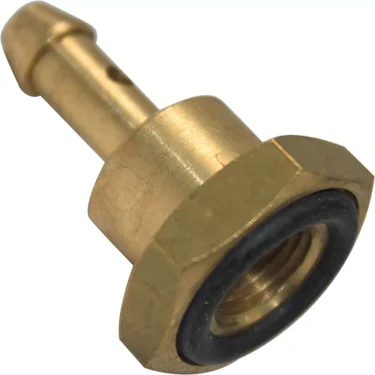 A Bezzera 5224409 Water Tank Rubber Holder - D 7.5 is shown at an angle on a white background, alongside a brass hose barb adapter fitting with a threaded female end. © 2025 1st-line.com