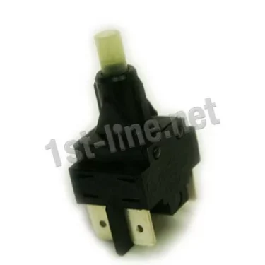 A black and silver Ascaso I..767 Bipolar Switch for Ascaso Home Machines, featuring a white push button and two metal prongs, is shown on a white background with the 1st-line.net watermark overlaid. © 2025 1st-line.com