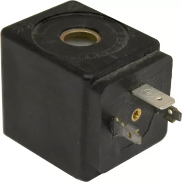 A black Ascaso C..288 Lucifer Solenoid Coil, 110V 9W, with a circular opening and three metal prongs for connections. © 2025 1st-line.com