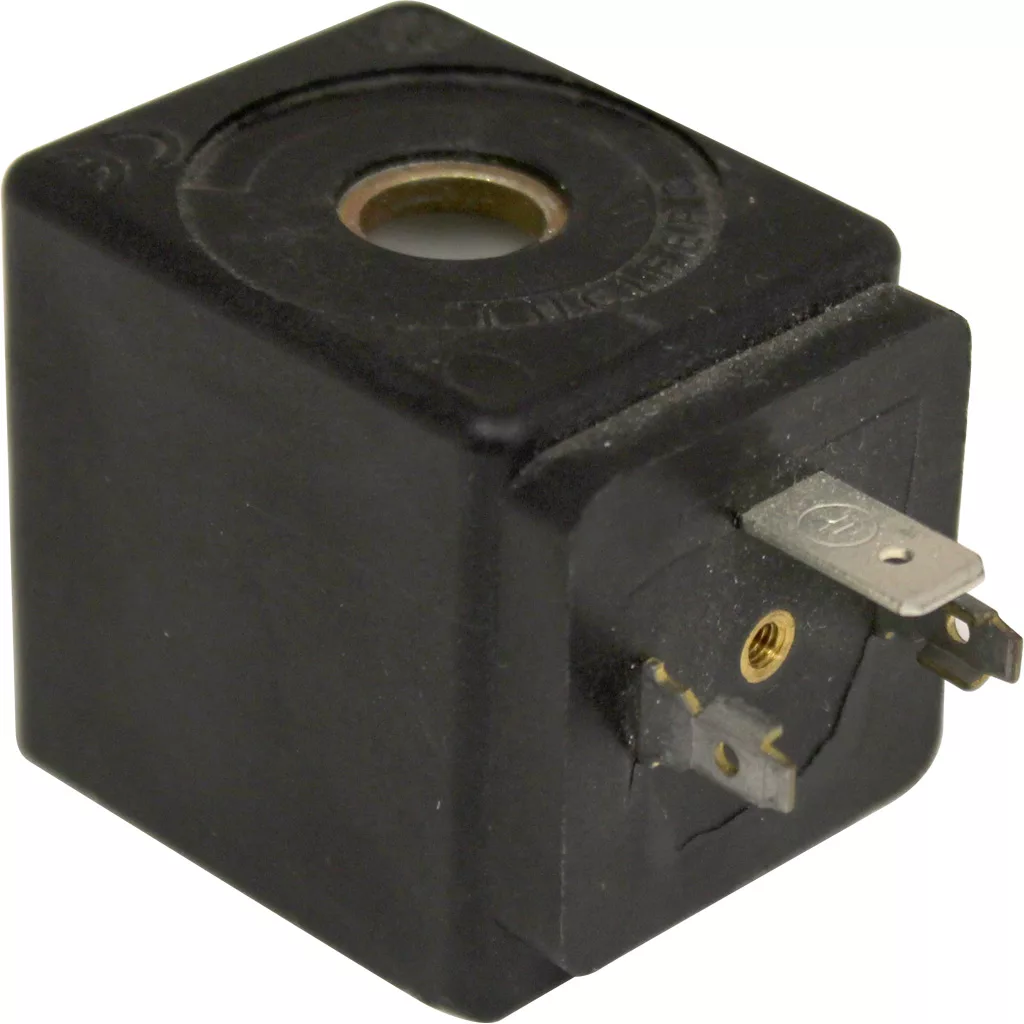 A black Ascaso C..288 Lucifer Solenoid Coil, 110V 9W, with a circular opening and three metal prongs for connections. © 2025 1st-line.com