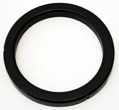 A black, circular Brasilia Portafilter Gasket - 8mm With Lateral Split (BF011), made of plastic or metal with a flat profile, is shown on a plain white background. © 2025 1st-line.com
