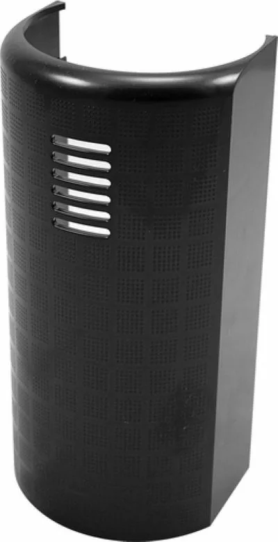 A black, cylindrical Rancilio 38123036 Group Face for the Rancilio Rocky features a textured surface, vertical vents near the top, and an open upper section. © 2025 1st-line.com