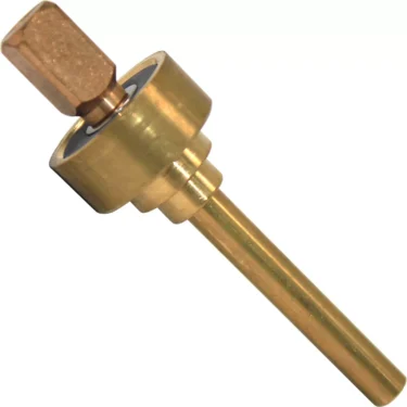 A brass drill bit adapter with a hex shank and cylindrical body, designed to attach tools to a drill, featuring precision engineering similar to the VBM ASSVALVEROG E61 Grouphead Distribution Valve Set. © 2025 1st-line.com
