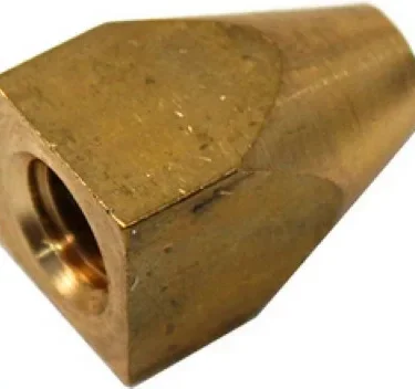 A brass hexagonal nozzle with a threaded hole, cone-shaped on one end and flat on the other, used for connecting to fittings like the Ascaso MI..10 Nut for Burr Holder - I-1, I-Steel. © 2025 1st-line.com