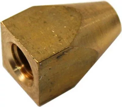 A brass hexagonal nozzle with a threaded hole, cone-shaped on one end and flat on the other, used for connecting to fittings like the Ascaso MI..10 Nut for Burr Holder - I-1, I-Steel. © 2025 1st-line.com