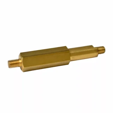 A brass hexagonal standoff with threaded male ends, like the Ascaso MI..37 Center Rod for Doser - I-1D, I-2D, used for mounting circuit boards or components in electronic assemblies, isolated on a white background. © 2025 1st-line.com