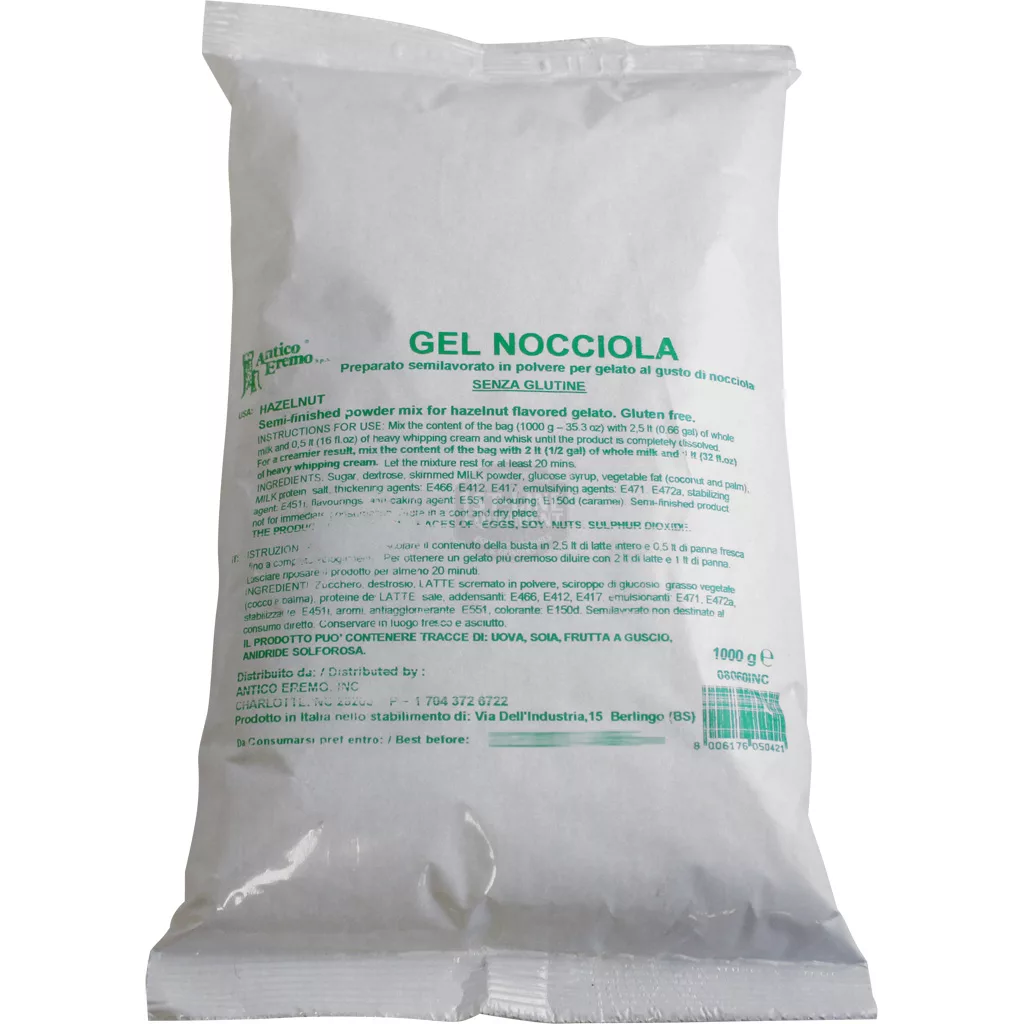 A clear plastic bag labeled DISCONTINUED Antico Eremo Hazelnut Gelato & Sorbet Powder Mix - 2.2lb with GEL NOCCIOLA in green Italian and English text; ingredient and contact details printed below. © 2025 1st-line.com