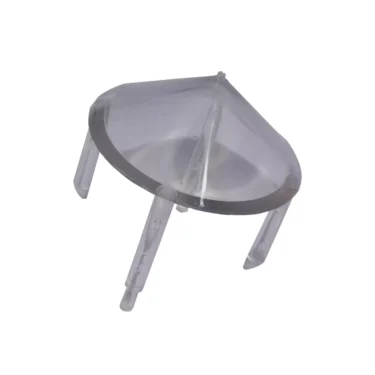 A clear plastic Quamar 160067 Bean Hopper Fingerguard with three legs, a flat circular base, and a triangular top is shown against a white background. © 2025 1st-line.com