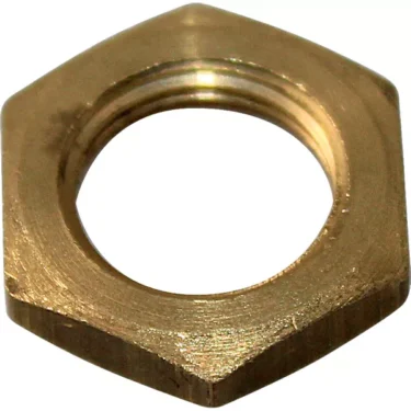 A close-up image of the VBM DADOFISSMANOM Drain Plug Holding Nut, a brass hexagonal nut with a threaded inner hole, typically used to fasten or secure bolts in mechanical assemblies. © 2025 1st-line.com