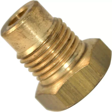 A close-up of a Bezzera 5225209AL Level Probe Fitting - M10 OT, 1/4G Ref: Y2257/3, showing its brass hexagonal threaded body and hollow center, isolated on a white background. © 2025 1st-line.com