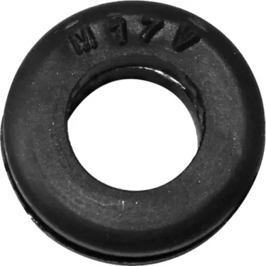 A close-up of a Bezzera 7613007 Rubber Thermal Insulator M17V, a black grommet marked M17V, designed with a central hole to insulate or protect wires passing through openings. © 2025 1st-line.com