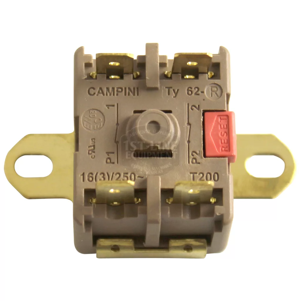 A close-up of a Bezzera 7634819 Safety Thermostat (250V, 115°C) shows metal mounting brackets, labeled terminals, and a red reset button on the right side. © 2025 1st-line.com