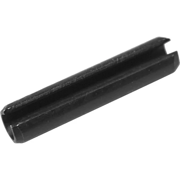 A close-up of a black cylindrical metal spring pin (roll pin) with a lengthwise slit, commonly used with the Macap C0004CPS047 Gear Plug to fasten machine parts. © 2025 1st-line.com