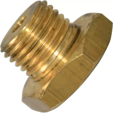 A close-up of a brass hexagonal threaded plug bolt marked 1/4 G, shown angled on a white background—compatible with the Bezzera 5225401 Reduction Gear (1/4 G, M 10, ES.16 H14). © 2025 1st-line.com