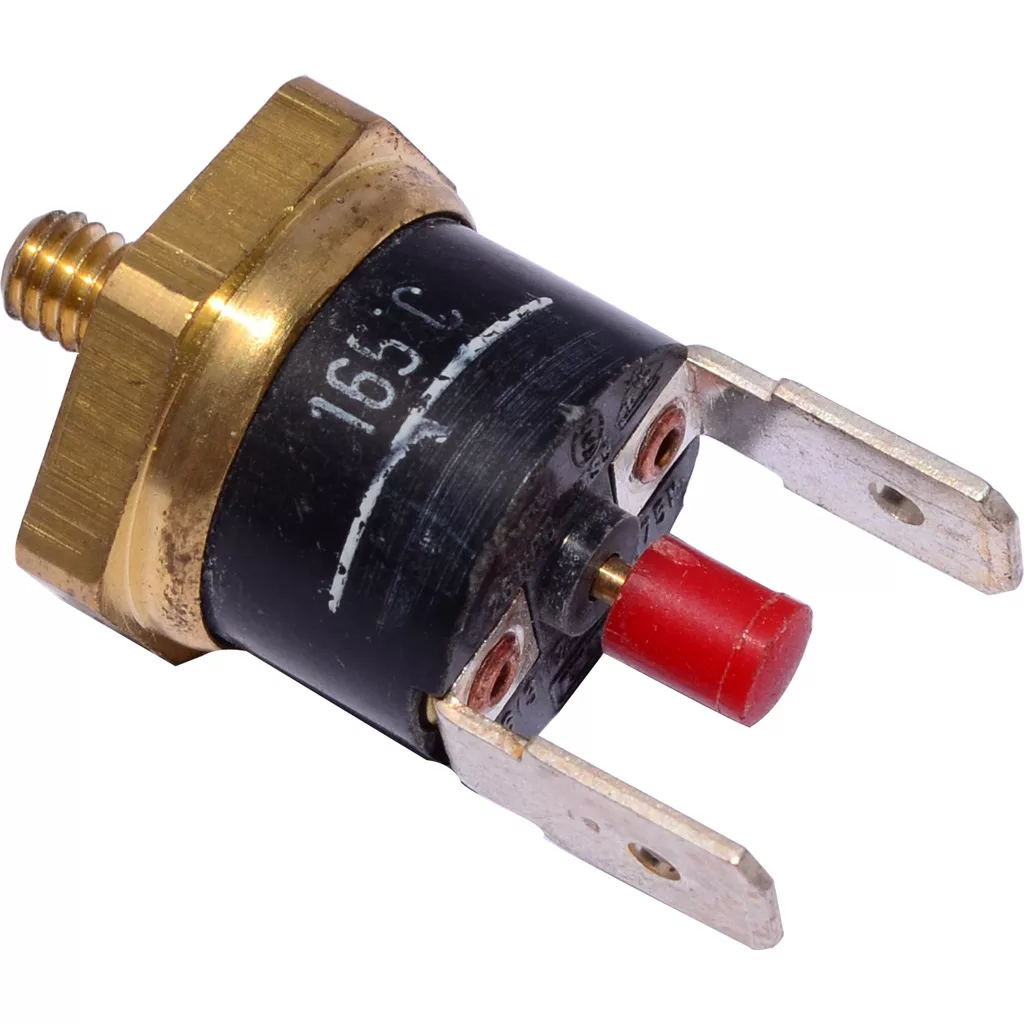 A close-up of a DISCONTINUED Pasquini T-2-72 Safety Thermostat featuring a brass threaded base, black cylindrical body labeled 165°C, two metal terminals, and a red reset button at the end. © 2025 1st-line.com
