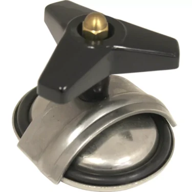 A close-up of a metal caster wheel with a black, three-pronged knob and central brass cap, reminiscent of the sturdy DISCONTINUED Ascaso Water Softener Lid with Gasket, ideal for enhancing furniture or equipment mobility. © 2025 1st-line.com