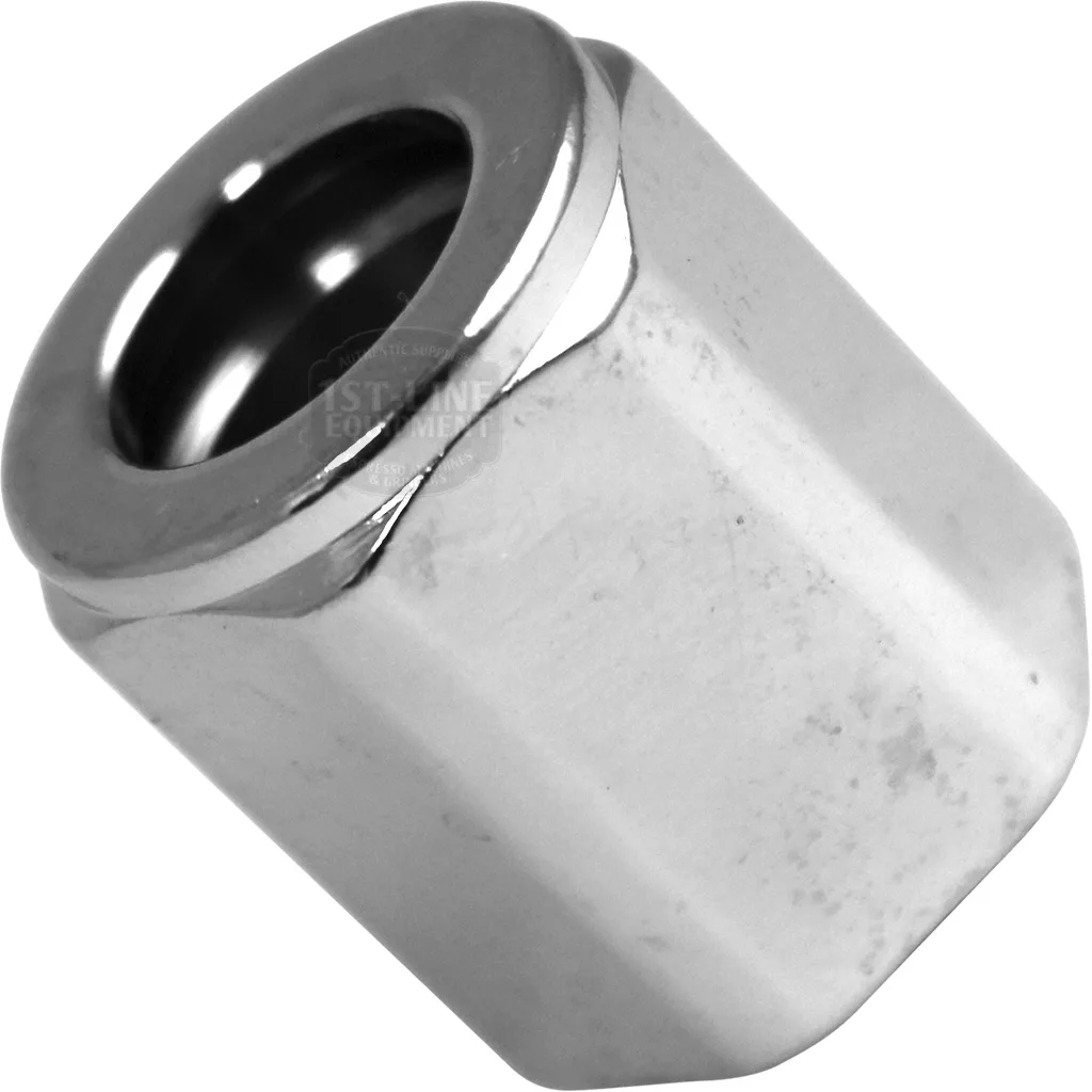 A close-up of a shiny, hexagonal Bezzera 5221872TW Bottom Steam/Hot Water Valve Nut - 3/8 G, used in assemblies like espresso machines. © 2025 1st-line.com