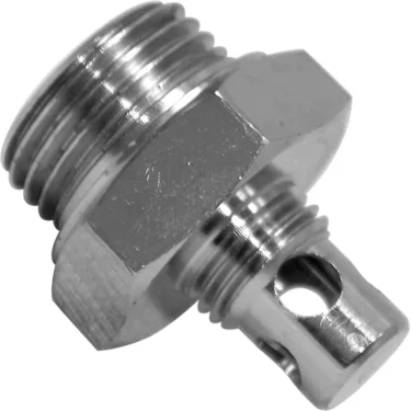 A close-up of a shiny metal VBM ASSTASC Discharge Cap Set hexagonal plug with threaded ends and a hollow cylindrical extension featuring a circular hole. © 2025 1st-line.com