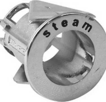 A close-up of a shiny metallic nozzle—similar to the Ascaso I..378 Support for Steam Switch, compatible with Ascaso ARC and All Steel models—shows steam printed on its rim, highlighting Steam Switch support. © 2025 1st-line.com