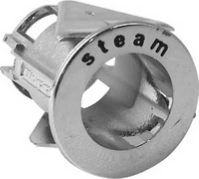 A close-up of a shiny metallic nozzle—similar to the Ascaso I..378 Support for Steam Switch, compatible with Ascaso ARC and All Steel models—shows steam printed on its rim, highlighting Steam Switch support. © 2025 1st-line.com