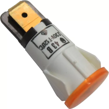 A close-up of a white Bezzera 7633607 Orange Lamp (Ref: T 1482/110, 110V) shows a metal tab, black markings, and an orange cap at one end. © 2025 1st-line.com