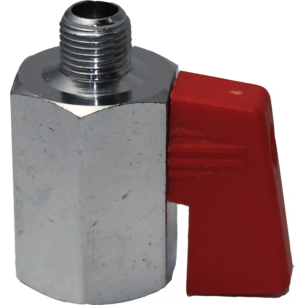 A close-up of an Ascaso 1/8 F x 1/8 M Closing Tap featuring a threaded top and red plastic lever handle, designed to control fluid or gas flow in pipe or hose systems. © 2025 1st-line.com