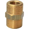 A close-up of an Ascaso V..311 1/2 M x 1/2 M Coupling, a brass fitting with male threads on both ends and a hexagonal center for tightening. © 2025 1st-line.com