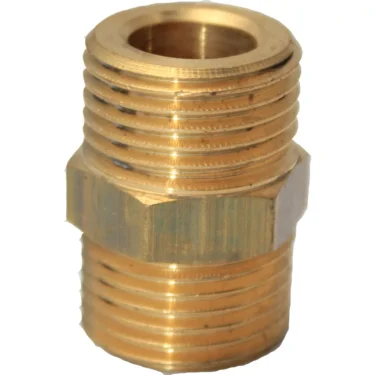 A close-up of an Ascaso V..311 1/2 M x 1/2 M Coupling, a brass fitting with male threads on both ends and a hexagonal center for tightening. © 2025 1st-line.com