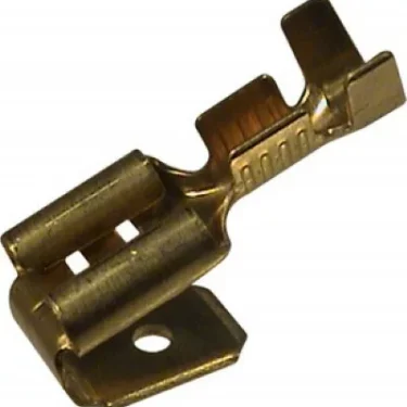 A close-up of an Ascaso V..839 Female/Male Double Terminal connector featuring a mounting hole and crimp sections for wire attachment. © 2025 1st-line.com