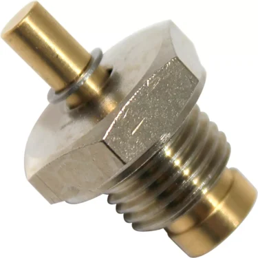 A close-up of an ECM C219900560 1/4 Bleeder/Vacuum Valve shows its hexagonal base, threaded body, and cylindrical tip. The metallic sensor displays gold and silver tones. © 2025 1st-line.com