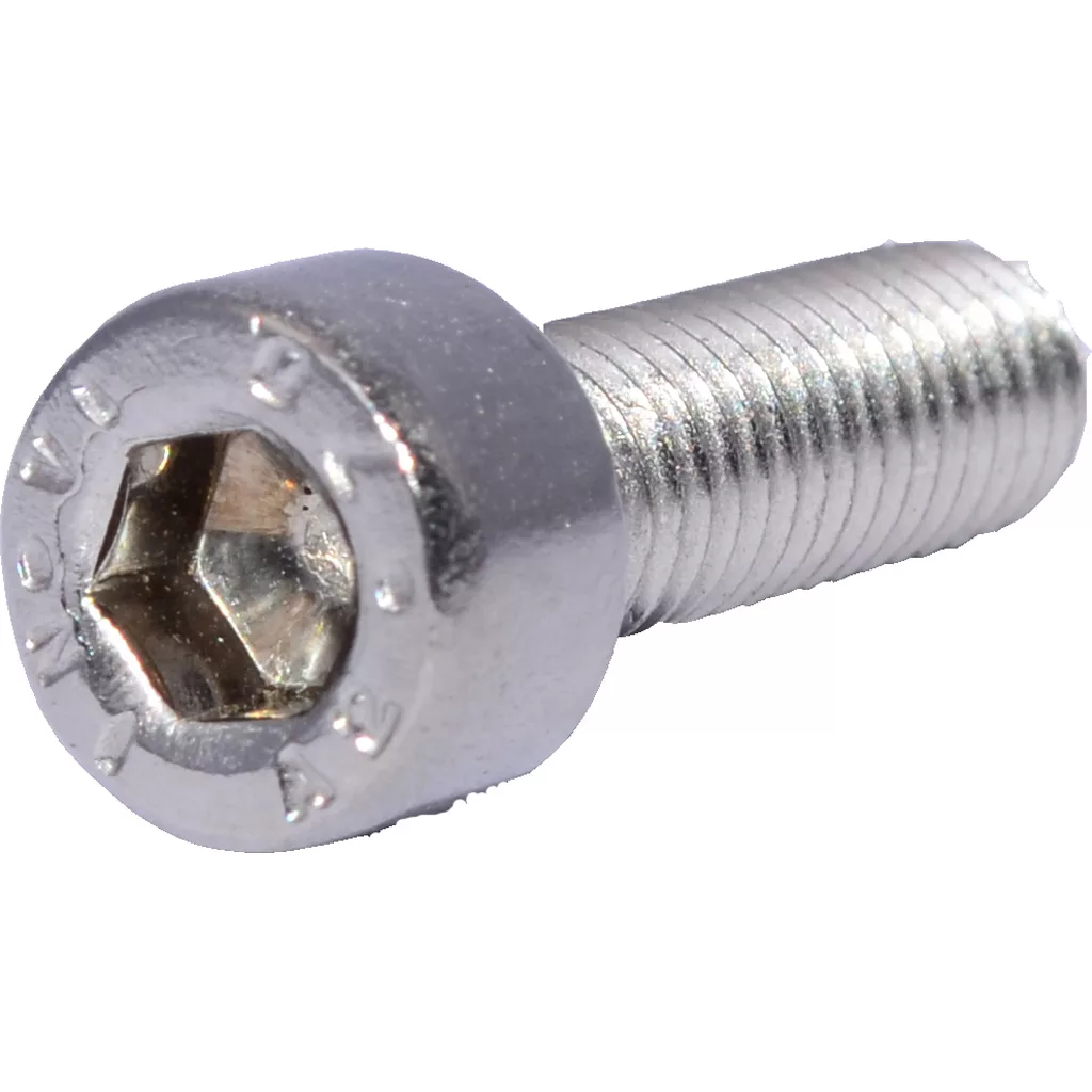 A close-up of an Elektra 04084035 Screw TCCE M5x16 - Nino hex socket cap screw with visible threading and head markings, photographed against a white background. © 2025 1st-line.com