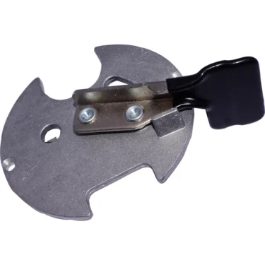 A close-up of Mazzer S00SFOA01 Doser Pull Mechanism Assembly, featuring a metallic build and black plastic handle against a white background, highlights its precise engineering. © 2025 1st-line.com