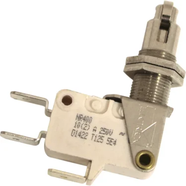 A close-up of the Ambiente Espresso Micro Roller Group Switch/Microswitch 110V by Vesuvius, featuring three terminal connectors and technical details on its white and metallic surface. © 2025 1st-line.com