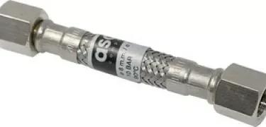 A close-up of the Asaso I.1306 Braided Stainless Hose, featuring hexagonal fittings and a durable braided middle, ideal for plumbing or as part of the AscasoUpgradeKit for gas connections. © 2025 1st-line.com