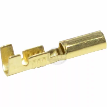A close-up of the Ascaso 2.4mm Faxton Female Terminal, a gold-colored connector for crimping onto wires in electrical applications, featuring a flat base and cylindrical end for compatibility with Ascaso devices. © 2025 1st-line.com