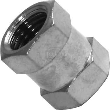 A close-up of the Ascaso Fitting - 1/4 F x 1/4 F hexagonal coupling nut with internal threading, angled on a white background—ideal for coffee machine parts and Ascaso fitting applications. © 2025 1st-line.com